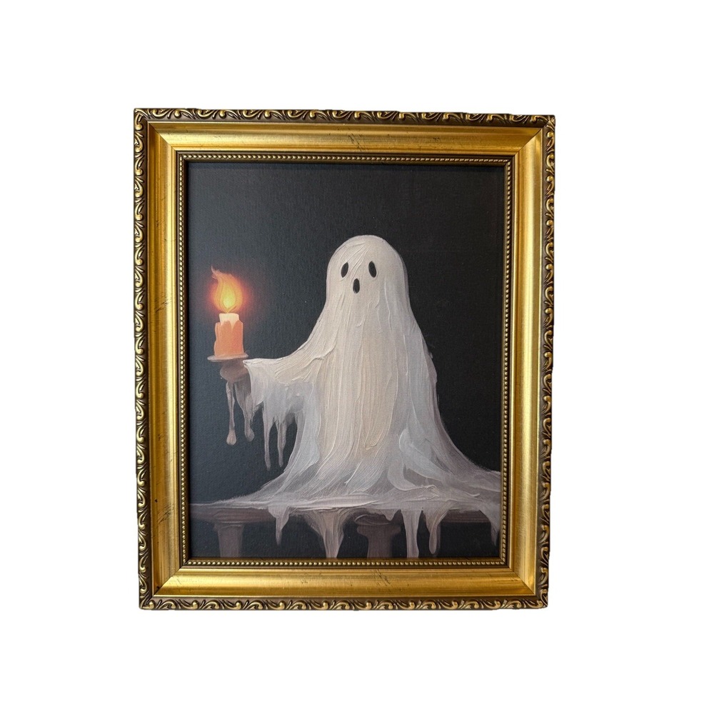 Halloween Gold Vintage Framed Ghost Lit Candle Wall Art 10" x 12" New RARE
